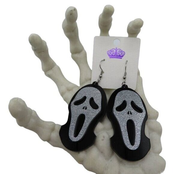 Ghost Face Black Silver Glitter Dangle Earrings Halloween Scream Horror Spooky - Picture 2 of 8